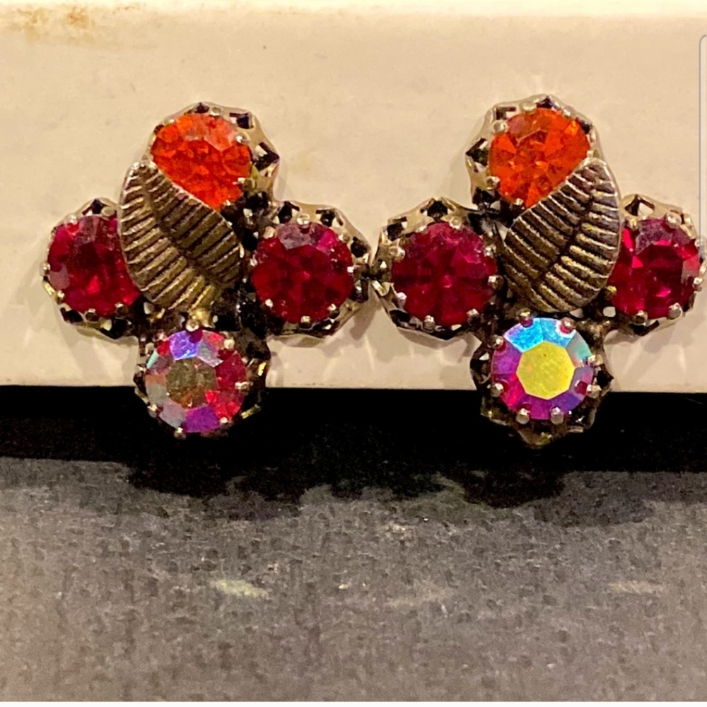 Signed Austria Garnet Red, Orange,  Red Aurora  Borealis Crystal Clip Earrings